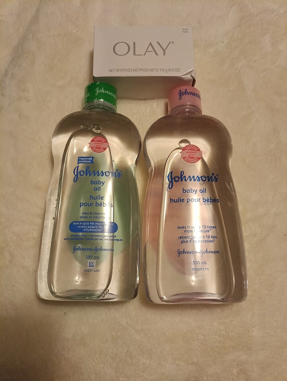 Baby Oil Duo – Clear with Green & Pink Caps, Oil Of Olay Bar